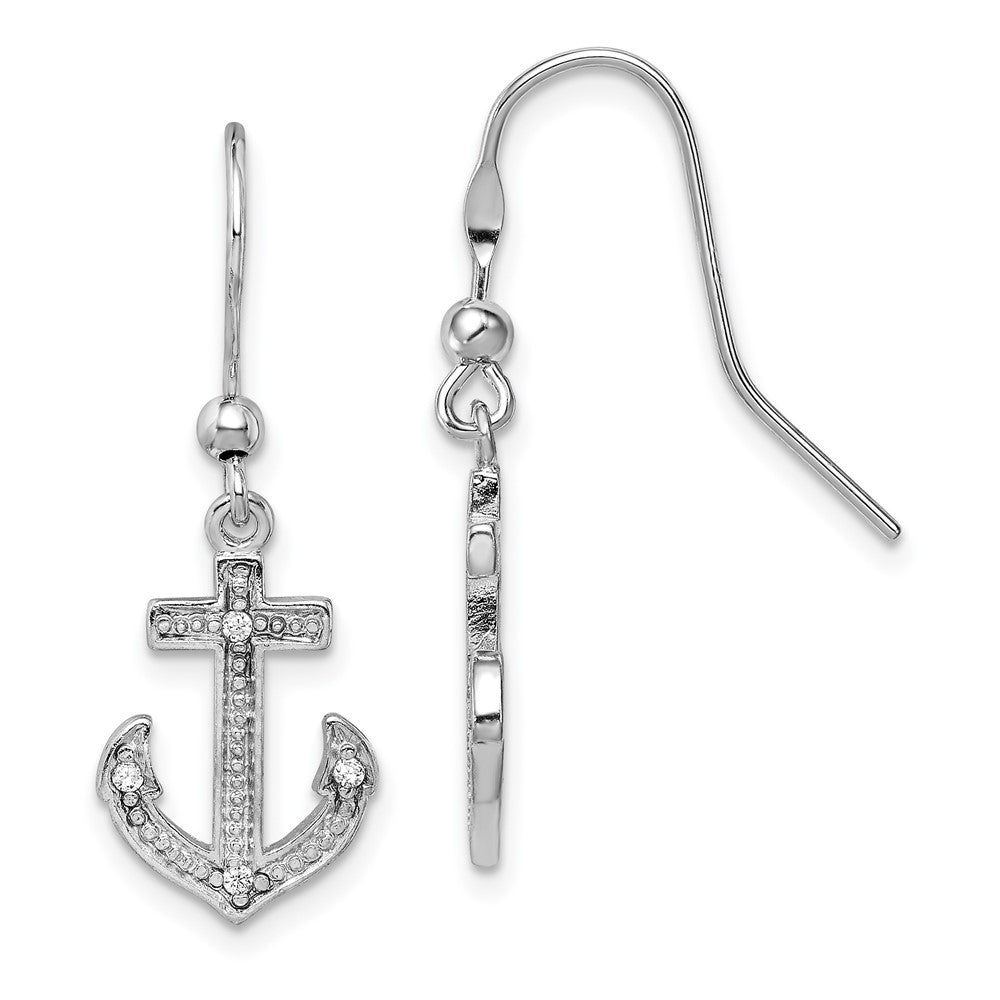 Rhodium-plated Silver Polished CZ Anchor Shepherd Hook Earrings