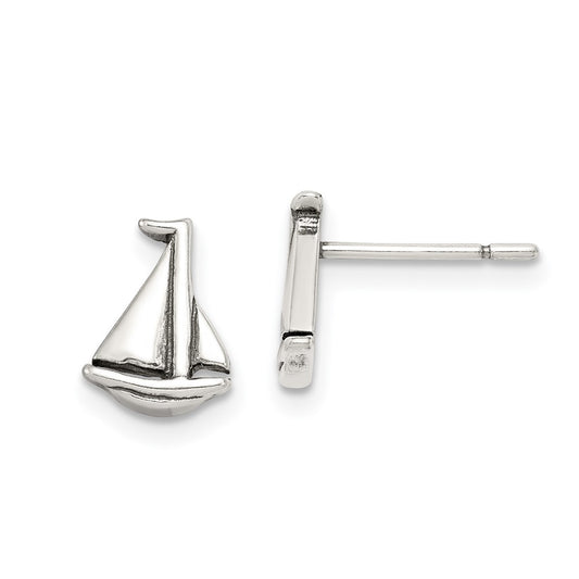 Sterling Silver Polished and Antiqued Sailboat Post Earrings