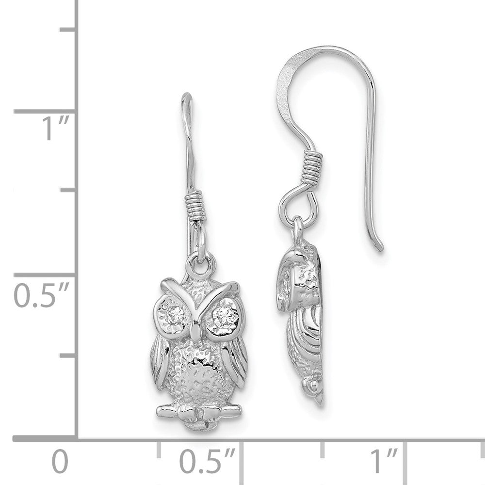 Rhodium-plated Sterling Silver CZ Owl Shepherd Hook Earrings