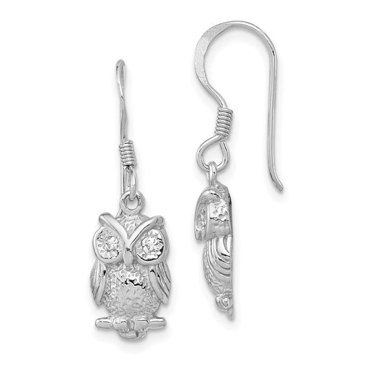 Rhodium-plated Sterling Silver CZ Owl Shepherd Hook Earrings