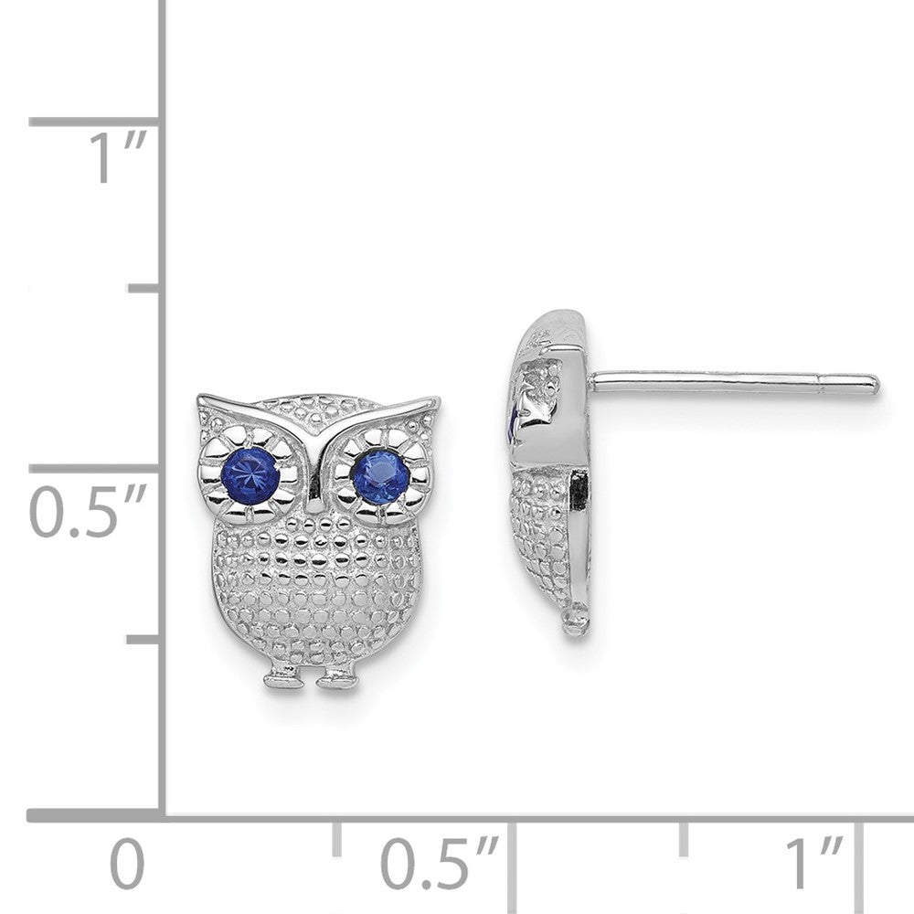 Rhodium-plated Silver Blue Synthetic Sapphire Owl Post Earrings
