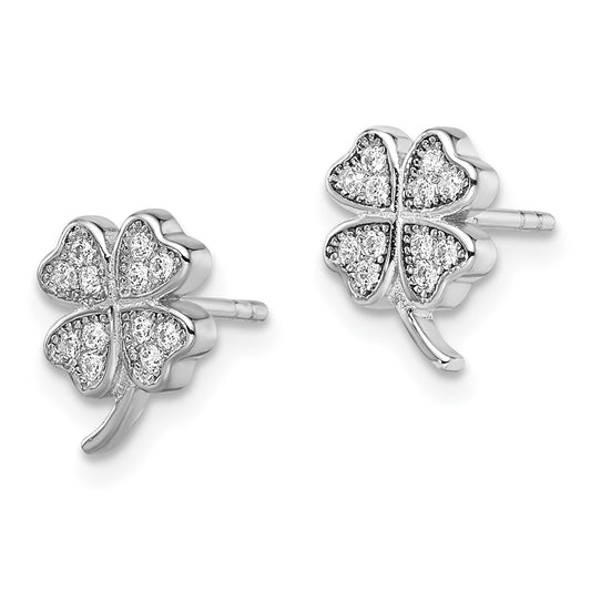 Rhodium-plated Sterling Silver Polished CZ 4 Clover Post Earrings