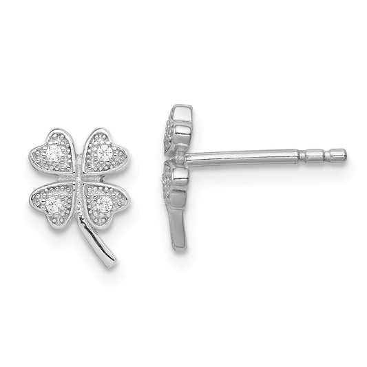 Rhodium-plated Sterling Silver Polished CZ 4 Clover Post Earrings