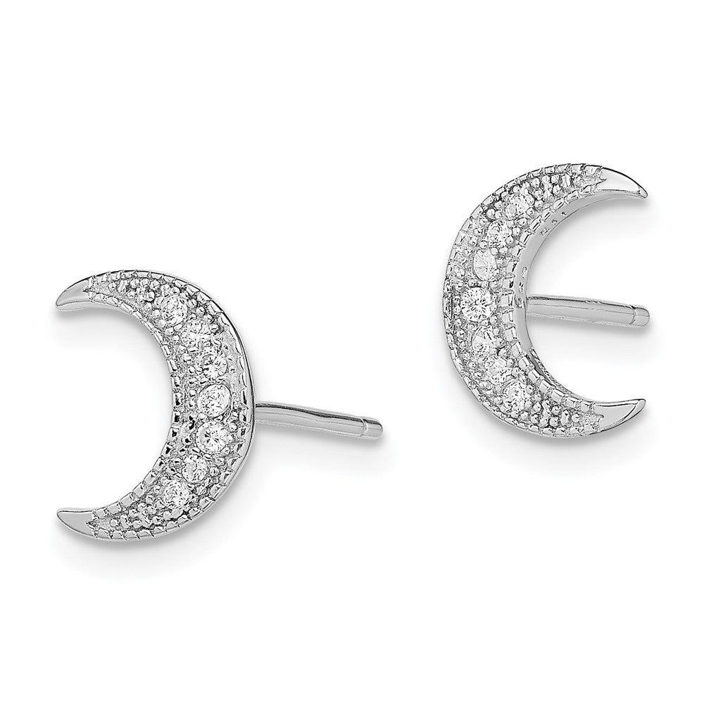 Rhodium-plated Sterling Silver CZ Crescent Moon Post Earrings