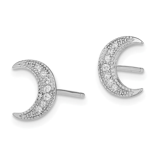 Rhodium-plated Sterling Silver CZ Crescent Moon Post Earrings