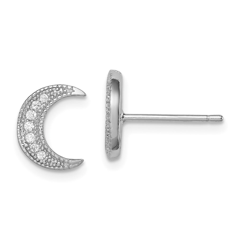 Rhodium-plated Sterling Silver CZ Crescent Moon Post Earrings