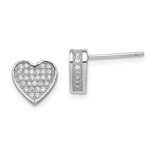 Rhodium-plated Sterling Silver CZ Micro pave Heart Post Earrings