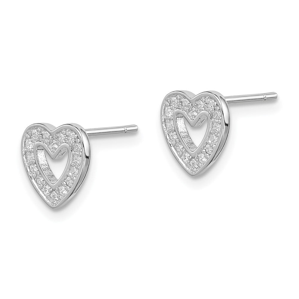 Rhodium-plated Sterling Silver CZ Heart Post Earrings