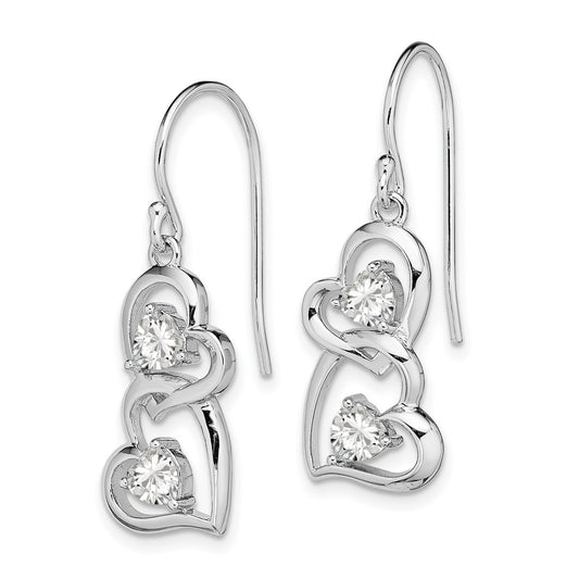 Rhodium-plated Silver CZ Heart Dangle Shepherd Hook Earrings