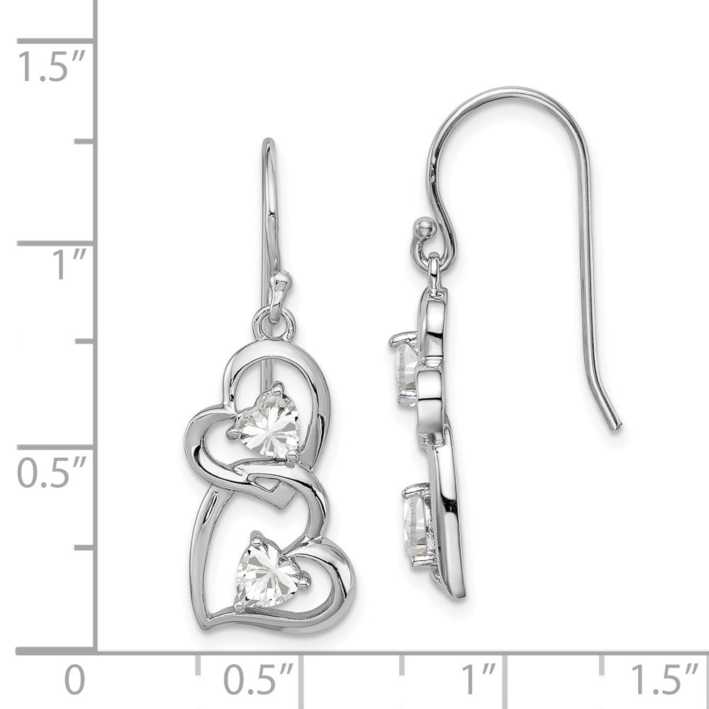 Rhodium-plated Silver CZ Heart Dangle Shepherd Hook Earrings