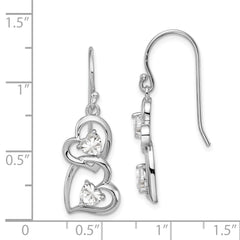 Rhodium-plated Silver CZ Heart Dangle Shepherd Hook Earrings