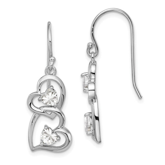 Rhodium-plated Silver CZ Heart Dangle Shepherd Hook Earrings