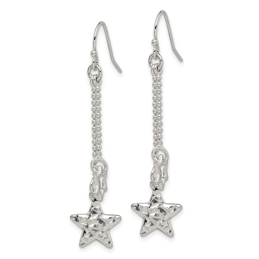 Sterling Silver Diamond-cut Star Dangle Shepherd Hook Earrings