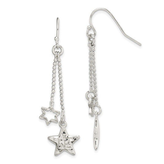 Sterling Silver Diamond-cut Star Dangle Shepherd Hook Earrings