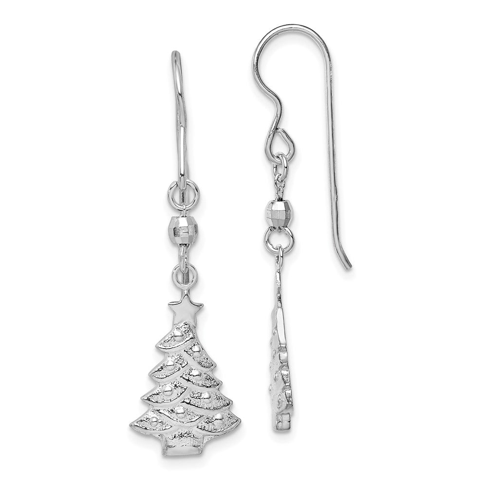 Rhodium-plated Sterling Silver Christmas Tree Dangle Earrings