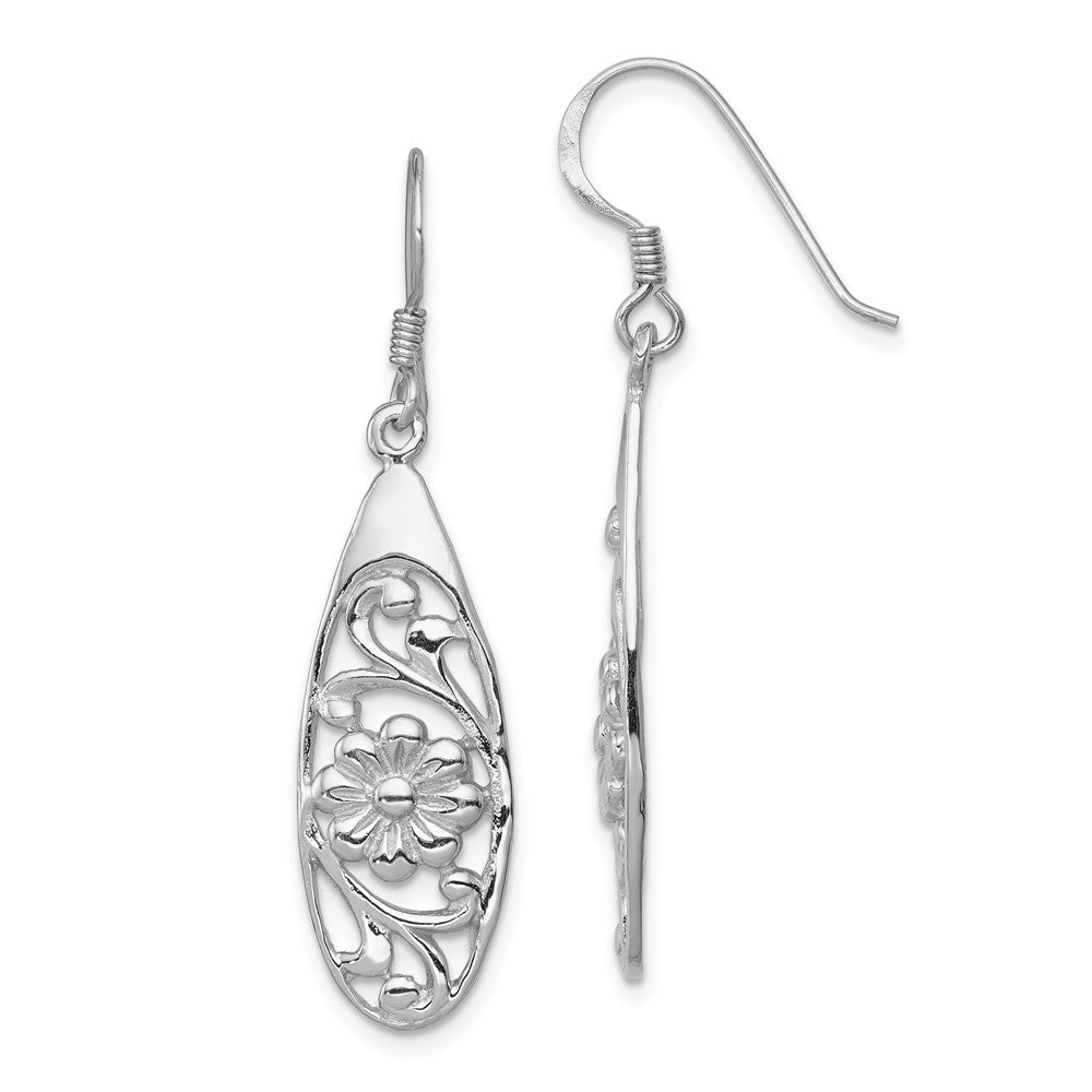 Rhodium-plated Sterling Silver Polished Fancy Flower Dangle Earrings