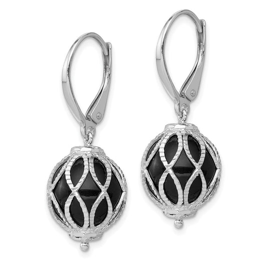 Rhodium-plated Sterling Silver Textured Onyx Leverback Earrings
