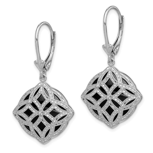 Rhodium-plated Sterling Silver Diamond-cut Onyx Leverback Earrings