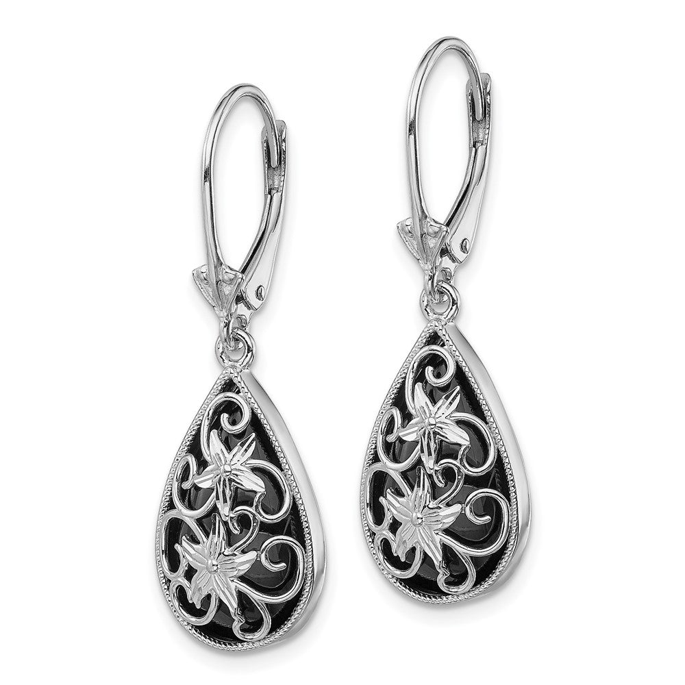 Rhodium-plated Sterling Silver Diamond-cut Onyx Leverback Earrings