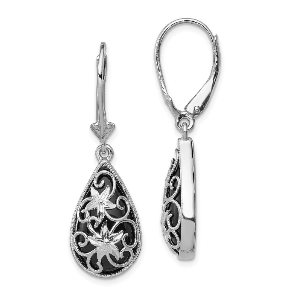 Rhodium-plated Sterling Silver Diamond-cut Onyx Leverback Earrings