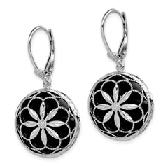 Rhodium-plated Sterling Silver Diamond-cut Pattern Onyx Leverback Earrings