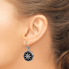 Rhodium-plated Sterling Silver Diamond-cut Pattern Onyx Leverback Earrings