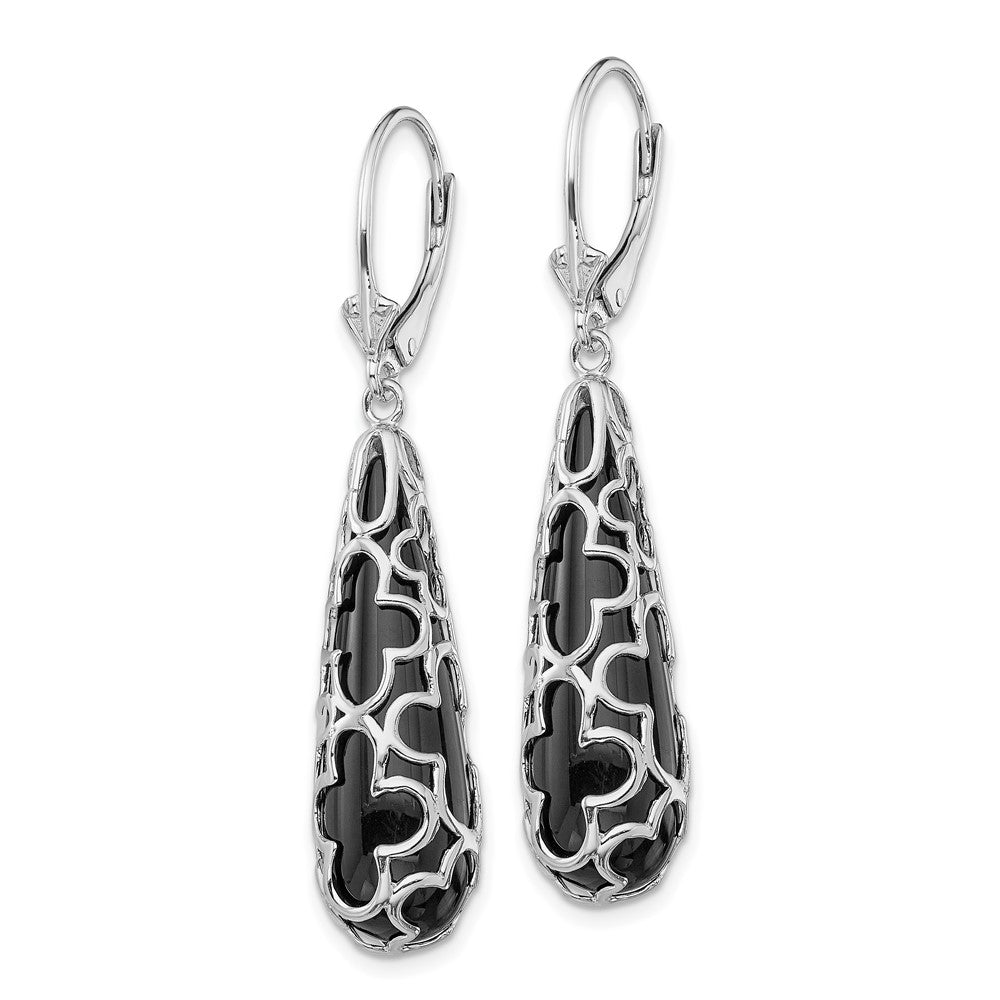 Rhodium-plated Sterling Silver Onyx Teardrop Dangle Leverback Earrings