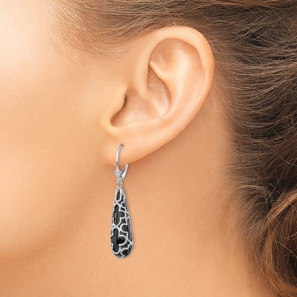 Rhodium-plated Sterling Silver Onyx Teardrop Dangle Leverback Earrings