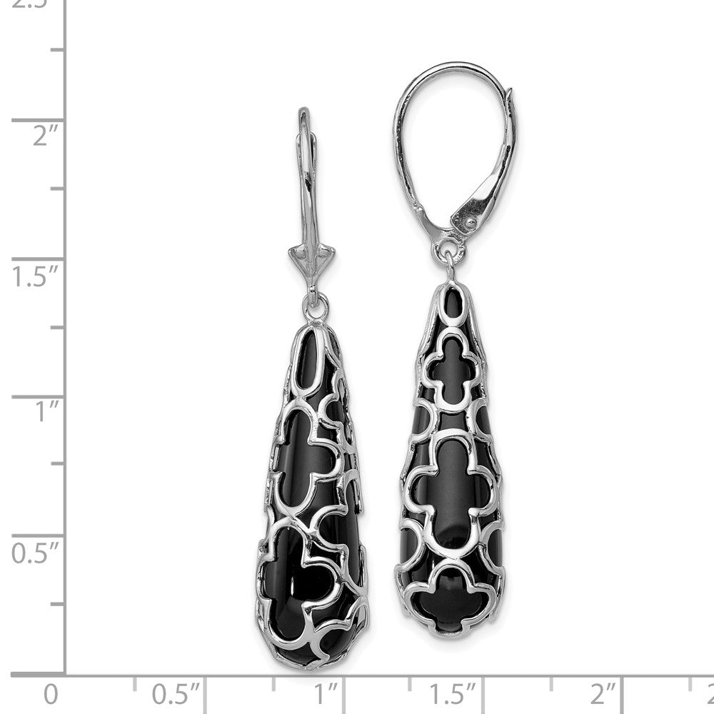 Rhodium-plated Sterling Silver Onyx Teardrop Dangle Leverback Earrings