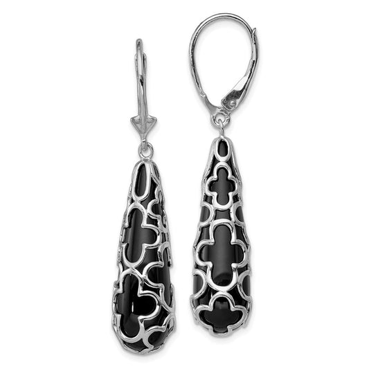 Rhodium-plated Sterling Silver Onyx Teardrop Dangle Leverback Earrings