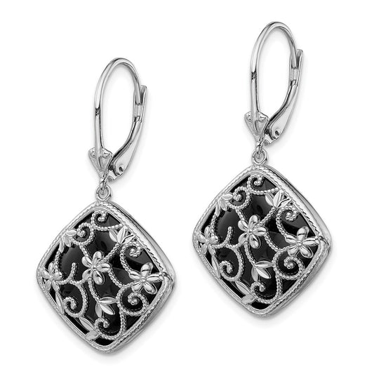 Rhodium-plated Sterling Silver Textured and Diamond-cut Onyx Leverback Earrings