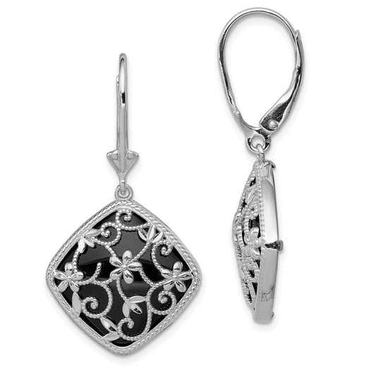 Rhodium-plated Sterling Silver Textured and Diamond-cut Onyx Leverback Earrings