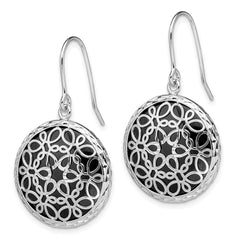 Rhodium-plated Sterling Silver Diamond-cut Onyx Circle Dangle Earrings