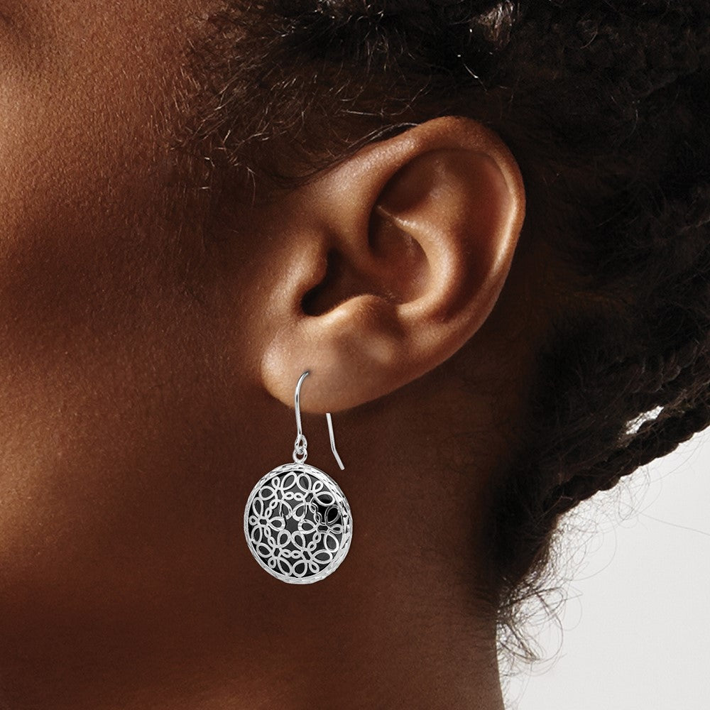 Rhodium-plated Sterling Silver Diamond-cut Onyx Circle Dangle Earrings