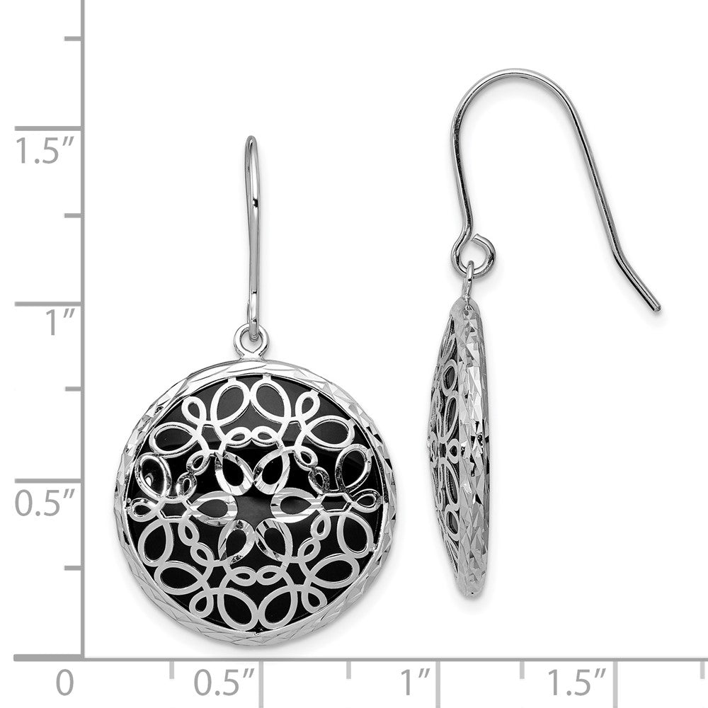 Rhodium-plated Sterling Silver Diamond-cut Onyx Circle Dangle Earrings