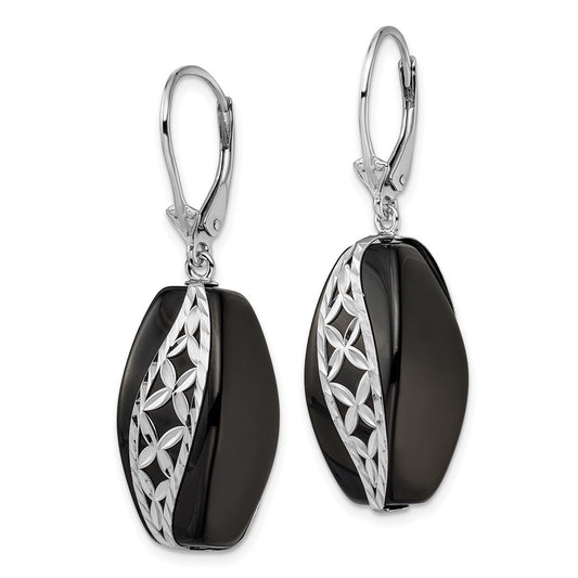 Rhodium-plated Sterling Silver Diamond-cut Onyx Leverback Earrings