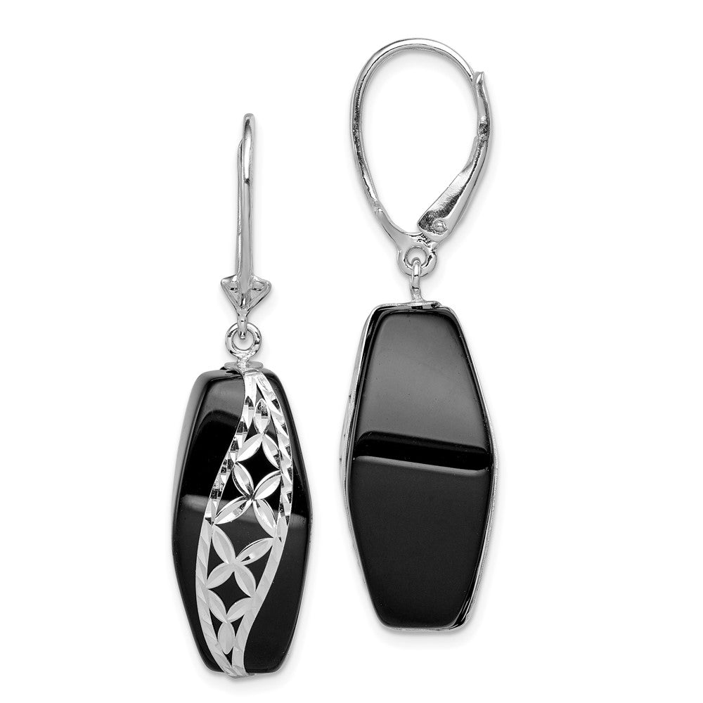 Rhodium-plated Sterling Silver Diamond-cut Onyx Leverback Earrings