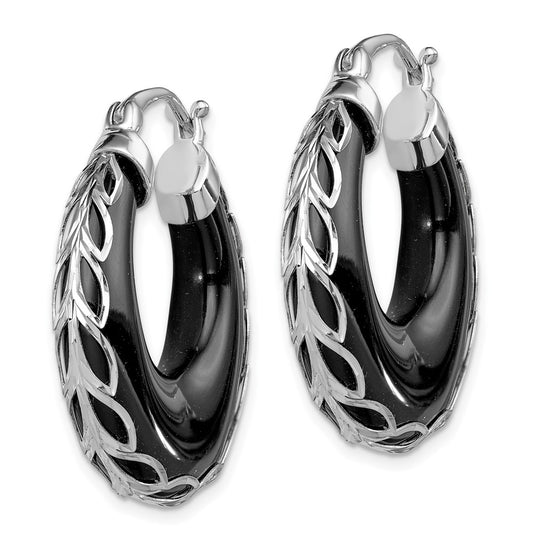 Rhodium-plated Sterling Silver Diamond-cut Onyx Hinged Post Earrings