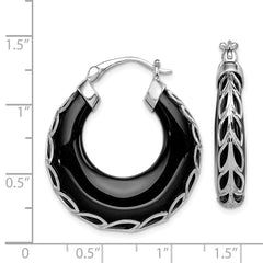 Rhodium-plated Sterling Silver Diamond-cut Onyx Hinged Post Earrings