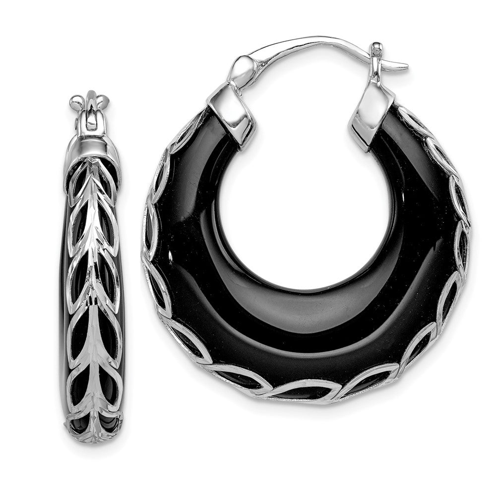 Rhodium-plated Sterling Silver Diamond-cut Onyx Hinged Post Earrings