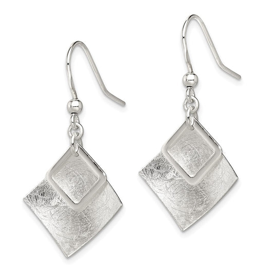 Sterling Silver Polished Textured Square Shepherd Hook Earrings
