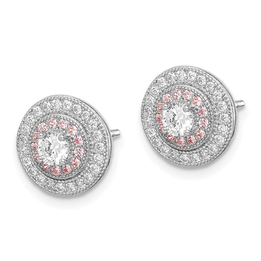 Rhodium-plated Silver CZ with Rose Gold Plating Pave Post Earrings