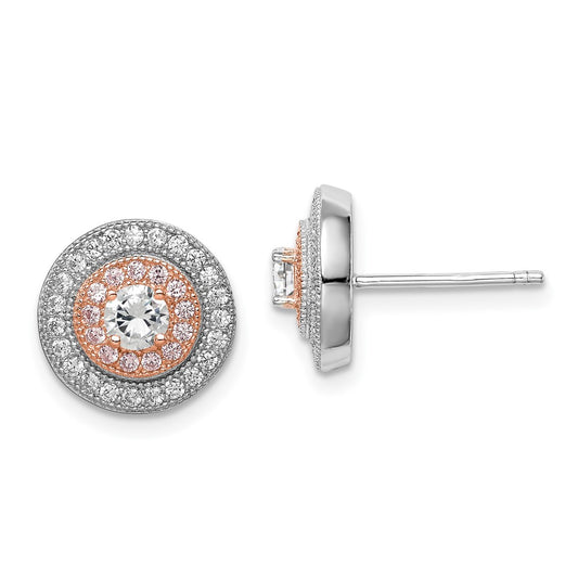 Rhodium-plated Silver CZ with Rose Gold Plating Pave Post Earrings