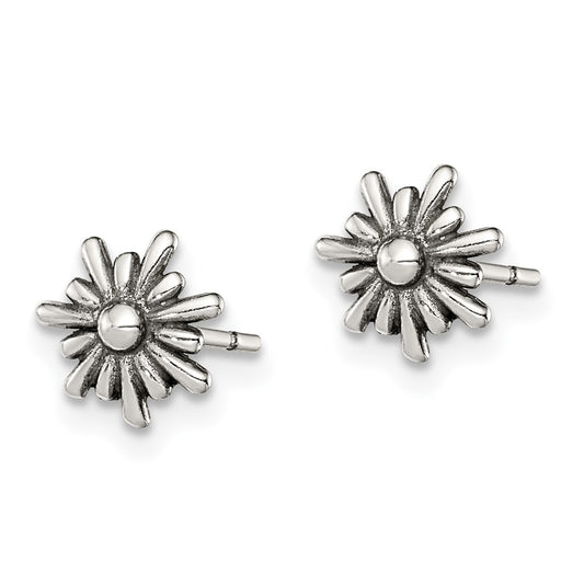 Sterling Silver Polished and Antiqued Flower Post Earrings
