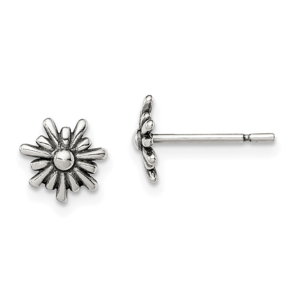 Sterling Silver Polished and Antiqued Flower Post Earrings