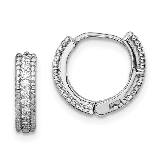 Rhodium-plated Sterling Silver Polished CZ Hinged Hoop Earrings