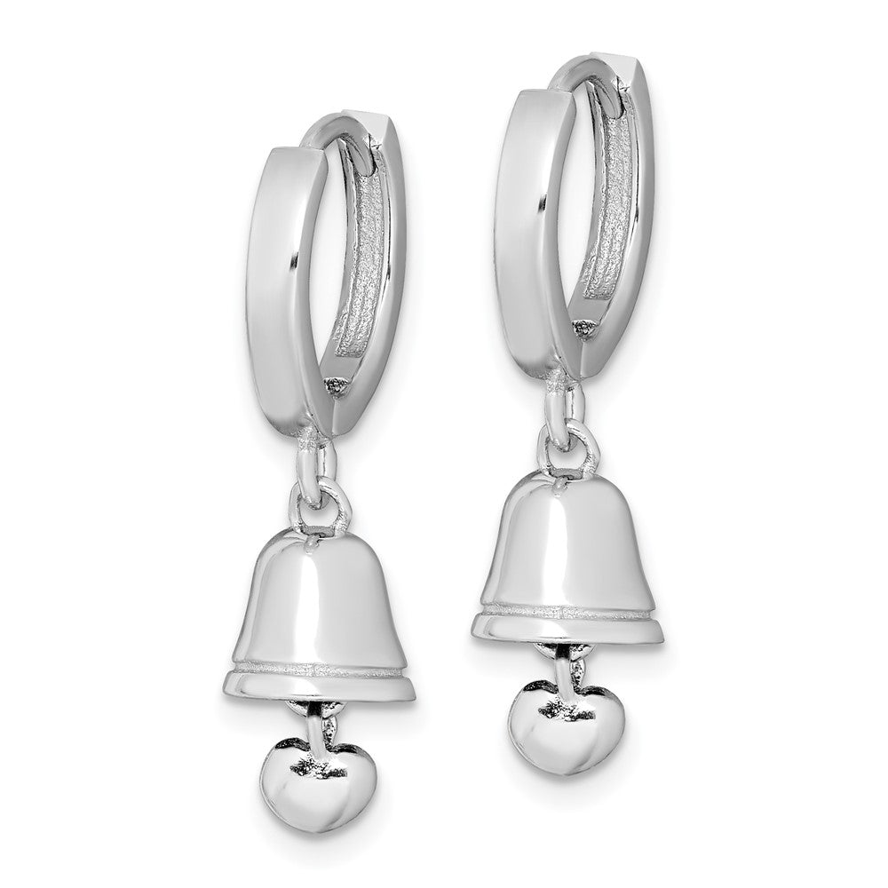 Rhodium-plated Silver Polished Bell with Heart Hinged Hoop Earrings