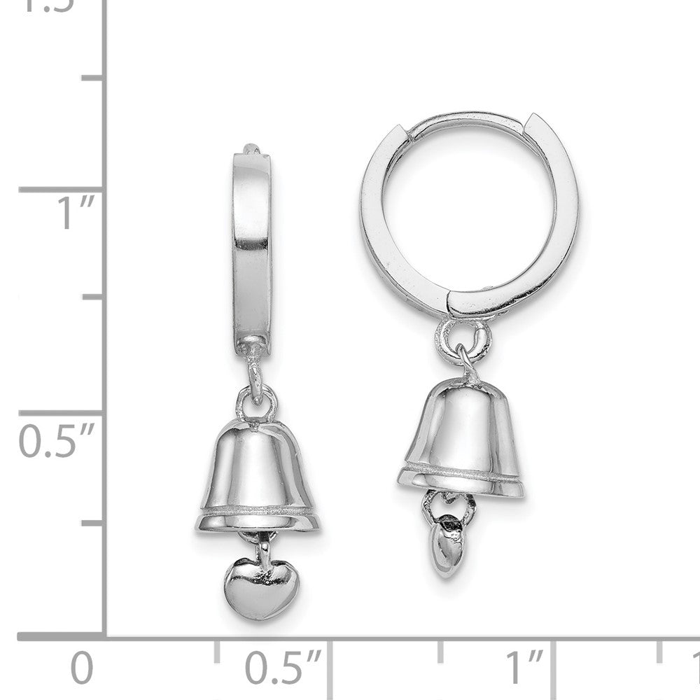 Rhodium-plated Silver Polished Bell with Heart Hinged Hoop Earrings