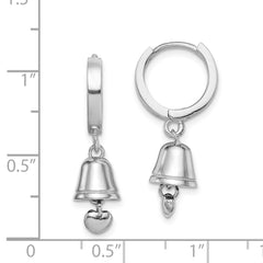 Rhodium-plated Silver Polished Bell with Heart Hinged Hoop Earrings