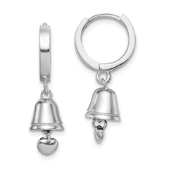 Rhodium-plated Silver Polished Bell with Heart Hinged Hoop Earrings